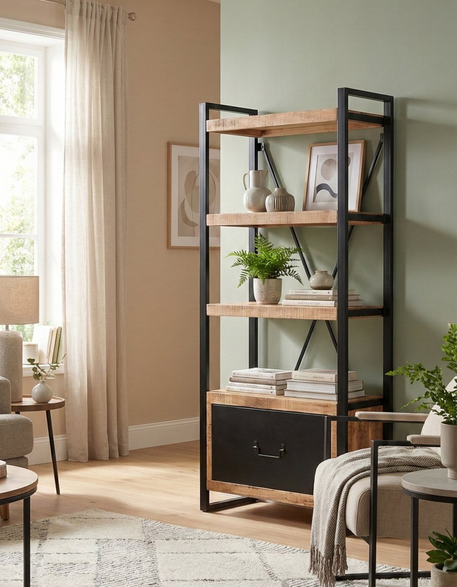 Boekenkast Industrieel Mangohout – Grote Lade – 4 Open Planken – Trapezium Design – Massief Hout & Metaal – 200×90×40 cm – “Brussels Loft Edition” – Altameubel