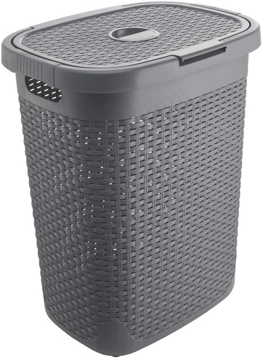 Faux Rotan 50 Liter Wasmand met Deksel - Houtskoolgrijs