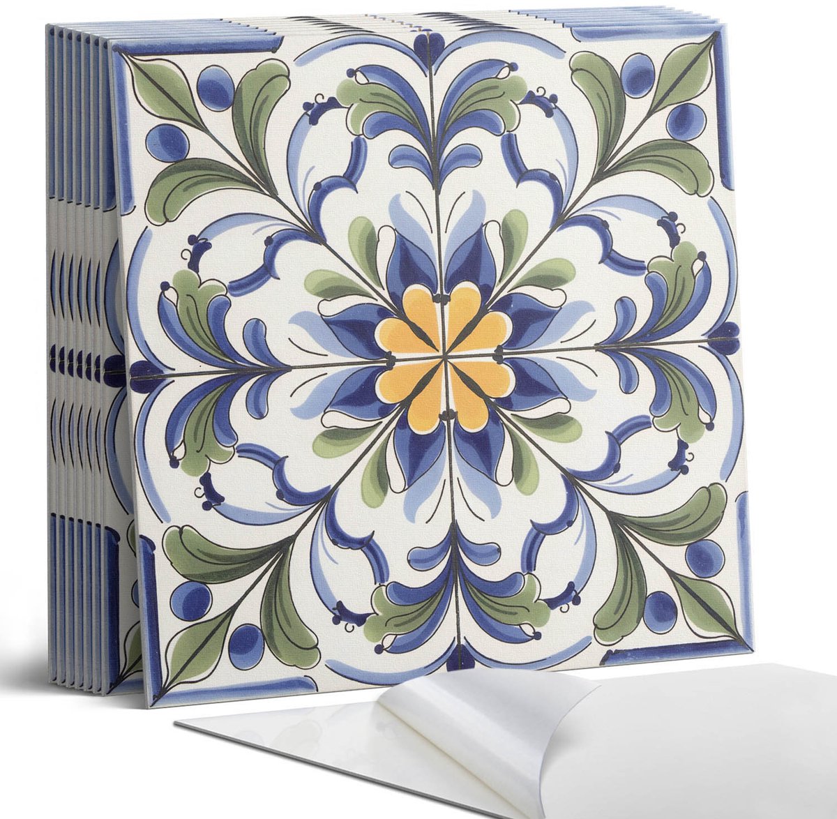Coloray Plaktegels - Bloemenkeramiek patroon Portugese Tegels - 30 cm x 30 cm - Blauw Plaktegels - 9 stuks - Vierkant PVC Tegels - Plaktegels Keuken - Zelfklevende Vloertegels - Vinyl Tegels - Zelfklevende Tegels