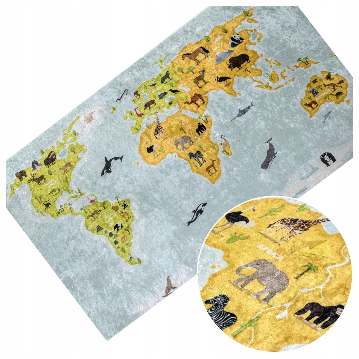 Kinderkleed Wereldkaart Dieren Antislip 120x170 cm