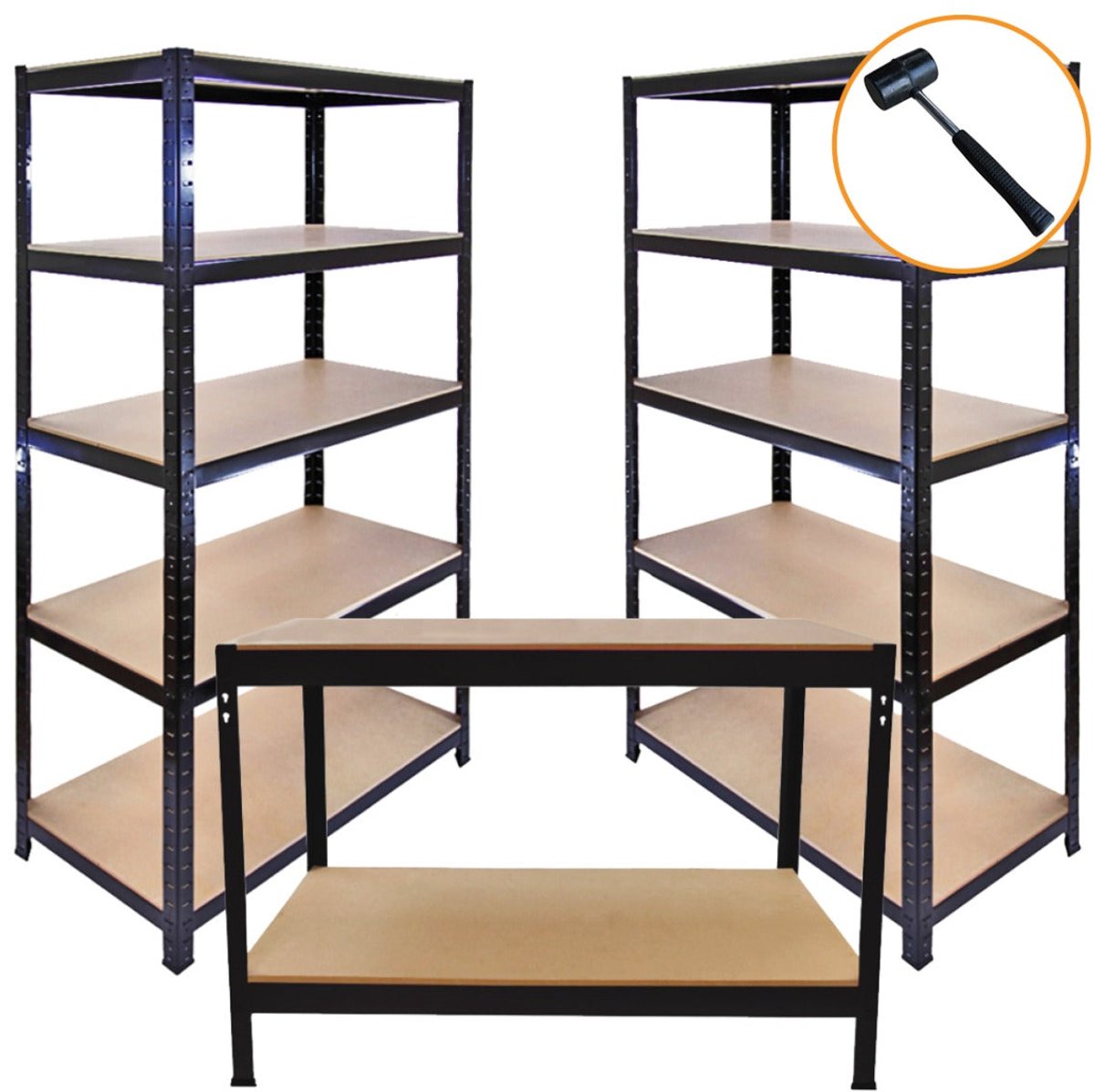 3x Zwart Rek + Werkbank 280kg/plank 90x45x180cm Incl. Rubberen Hamer