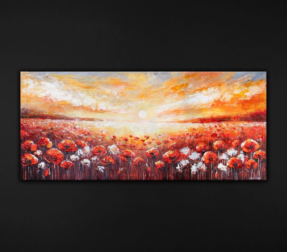 YS Canvas schilderij panoramisch 115x50 handgeschilderd scharlakenrode klaprozen bloemen – YS-Art Gallery – Luxe wanddecoratie voor woonkamer – Modern schilderij voor hal