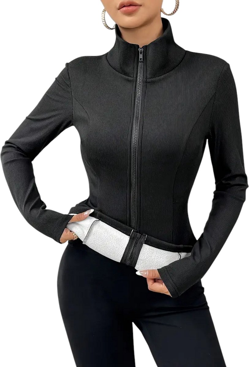 SparkNine Sleekzip fleece vest met ritssluiting & hoge kraag – voor dames extra warm dikke fleecevoering lange mauwen Zwart