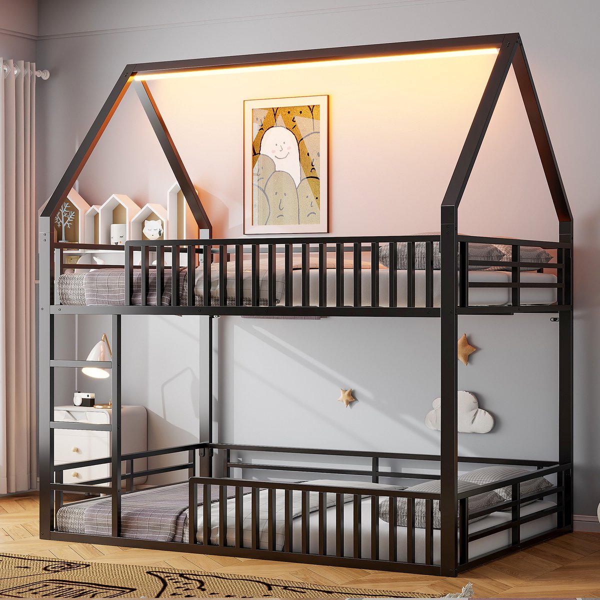 Kinderhoogslaper 140x200 - Zwart metalen frame - 7-kleurige LED-verlichting - 24 lattenbod