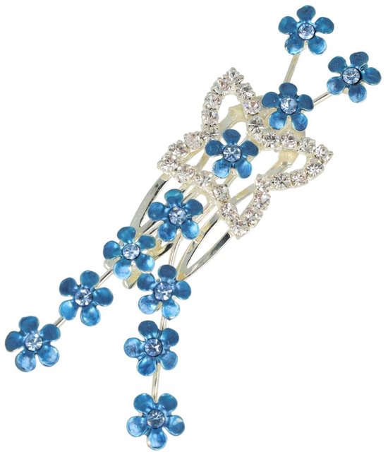 Accessoires pour cheveux - Peigne décoratif à pince - 2 cm - Fleurs et strass - Métal - Argent et Blauw - Peigne Cheveux
