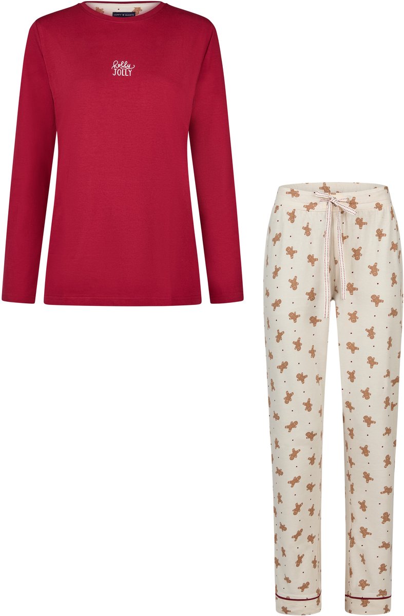 Happy Shorts Dames Kerst Pyjama Set Shirt + Broek Rood/Wit Gingerbread Bordeaux