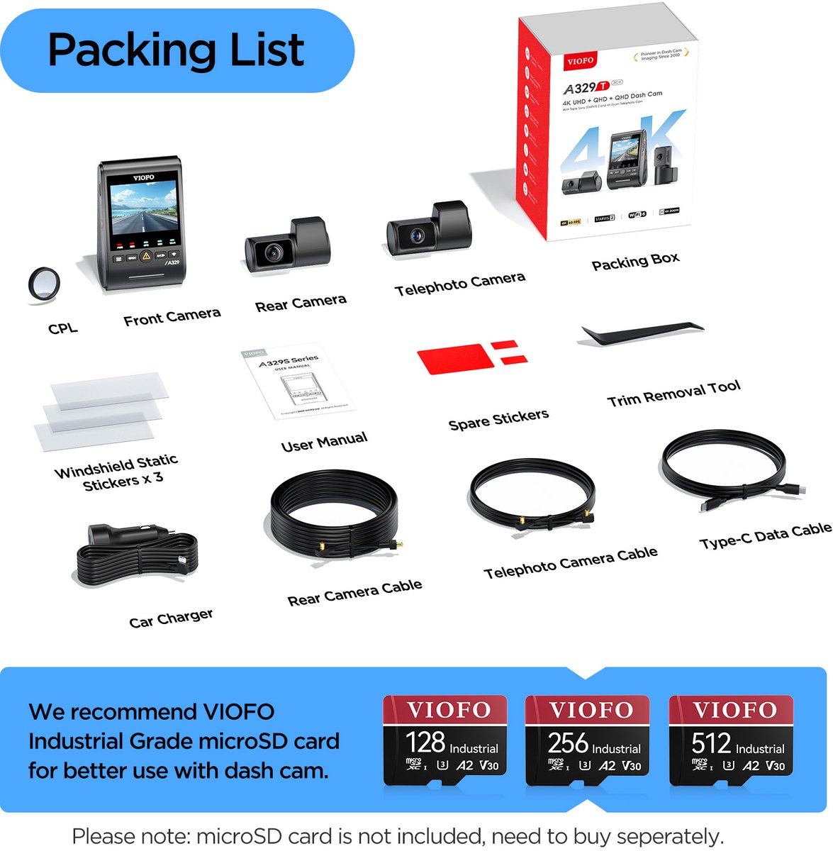 Sony VIOFO A329T 3CH - Dashcam - 4K + 2K Telelens + 2K Achtercamera thumbnail 5
