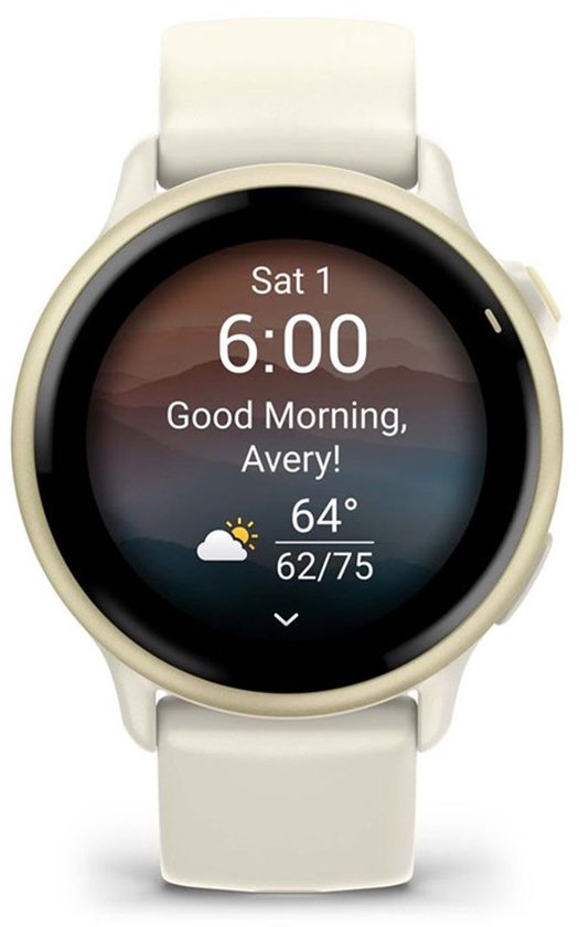 Gouden smartwatch met wit bandje. Het scherm toont de tijd (6:00), 'Good Morning, Avery!' en het weer (64°).