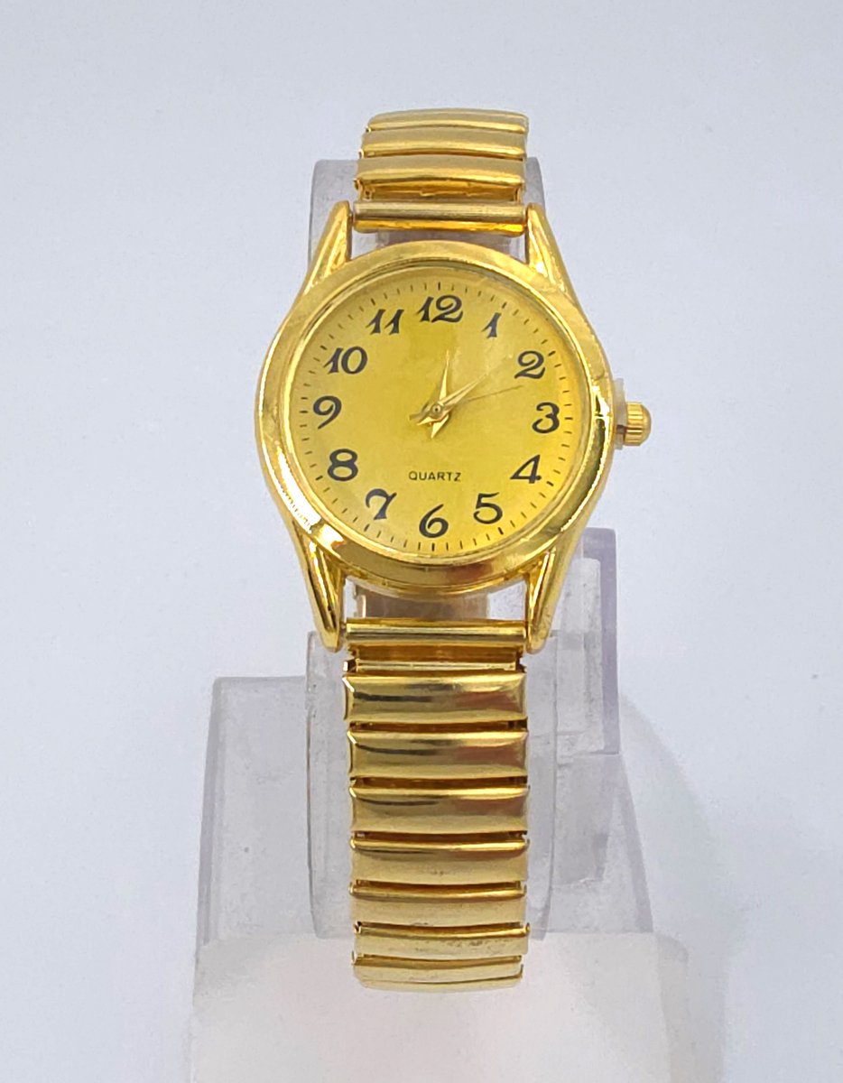 Dameshorloge - Rekband - Klassiek - Ø 30mm - L 18 cm - Goudkleurig - RVS - Geel duidelijke wijzerplaat - past bijna elke pols.