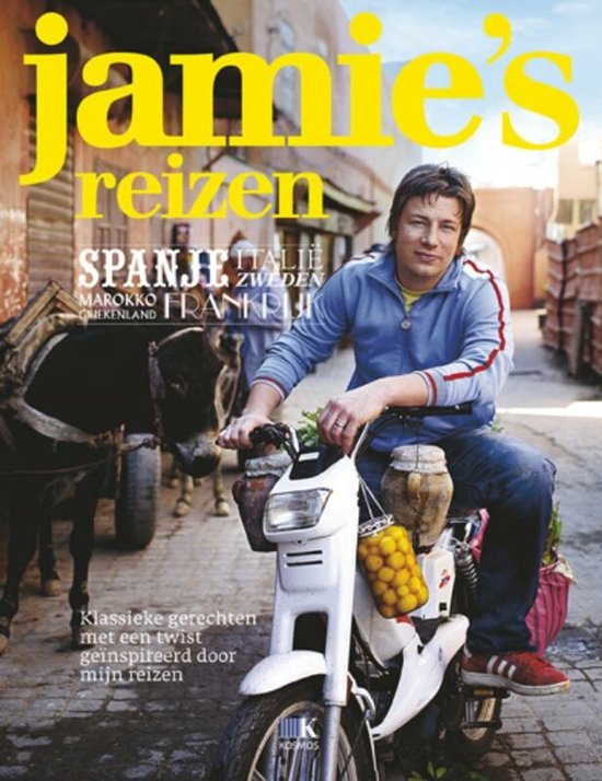 Jamie Oliver op een scooter met kruiken met citroenen, met tekst 'jamie's reizen'.