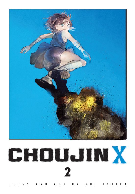 Couverture de Choujin X, Vol. 2. Une jeune fille de style anime aux yeux bleus et aux cheveux bruns saute en l'air, avec des explosions sous ses pieds.