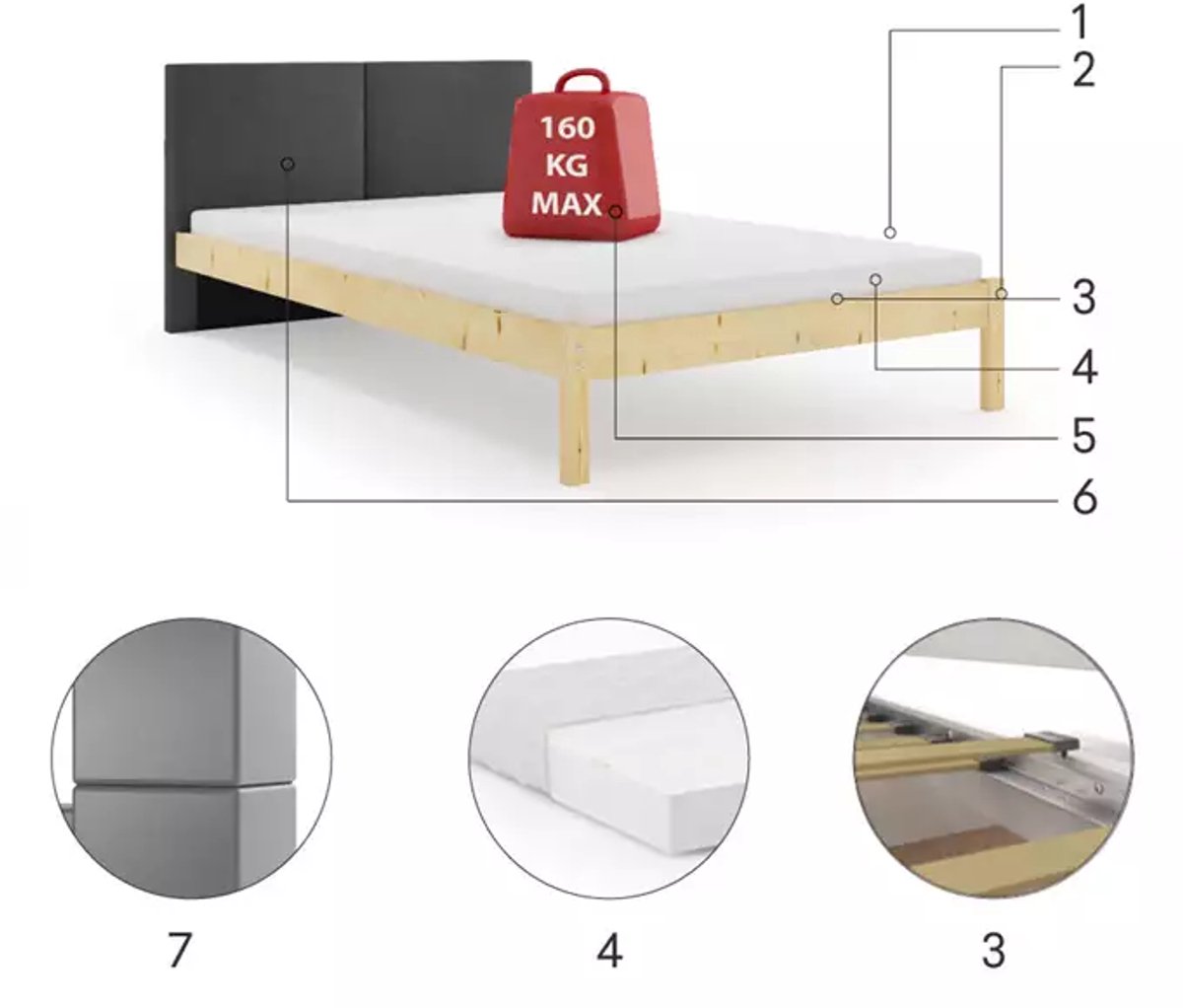 BMS Galaxy - Bed - 140x200 cm - Natuurlijk Hout - Inclusief Matras