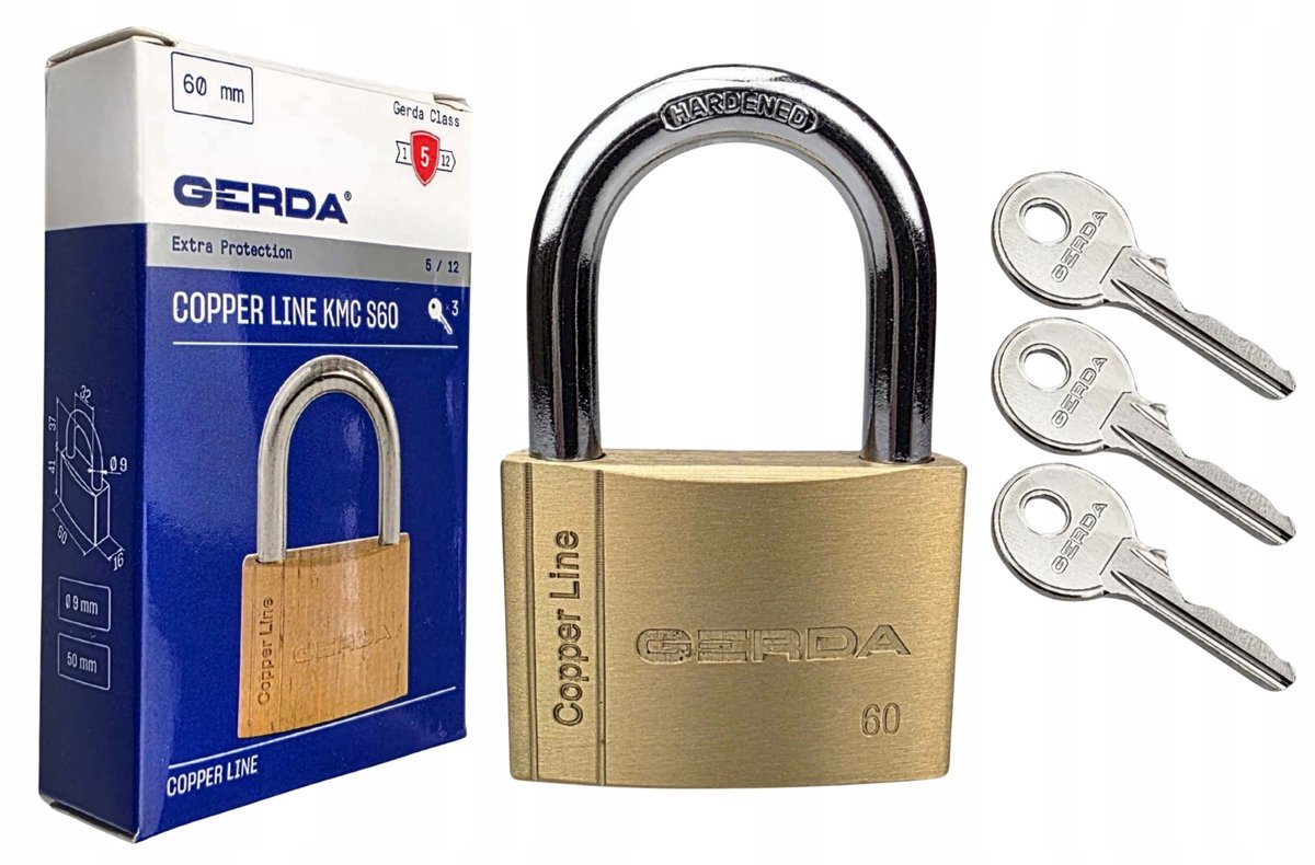 Gerda KMC 60 mm messing hangslot met 3 sleutels