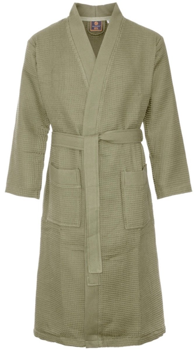 Sauna badjas wafel - biologisch katoen - olijfgroen XL - groene unisex badjas - wafel kimono - Oeko-Tex - kimono - wafel badjas dames - wafel badjas heren