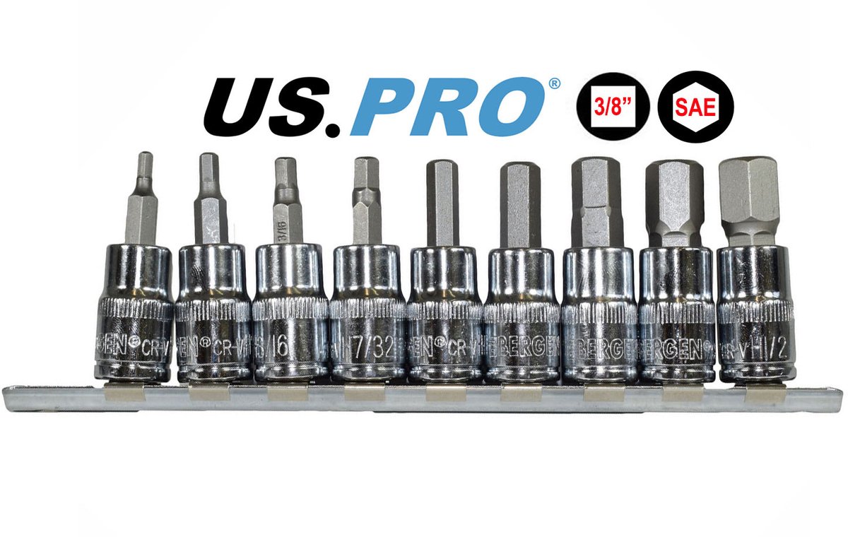 Inbus doppenset 3/8" met Inbus doppen in SAE engelse maatvoering 1/8" - 5/32" - 3/16" - 7/32" - 1/4" - 5/16" - 3/8" - 7/16" en 1/2" (9-delig)