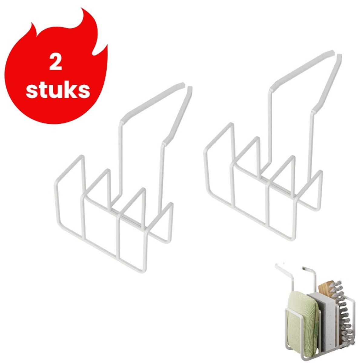 2-delig - Kraan- en gootsteenrek - Schuurspons en vaatdoekrek - Multifunctioneel sponsrek - Wit