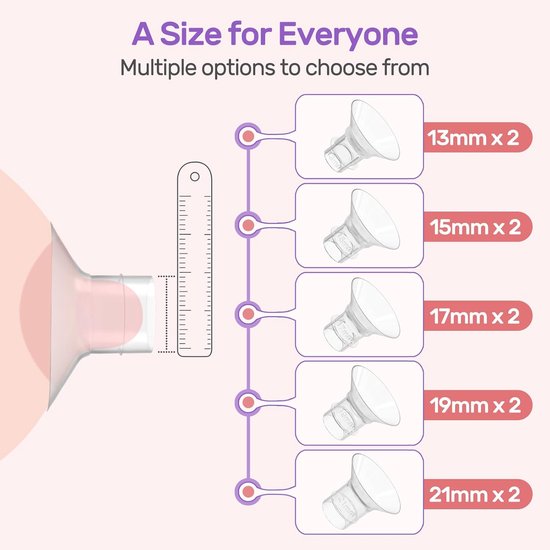 Schematische weergave van 5 paar heldere borstkolfinzetstukken: 13mm, 15mm, 17mm, 19mm en 21mm. Tepelmeting met liniaal.