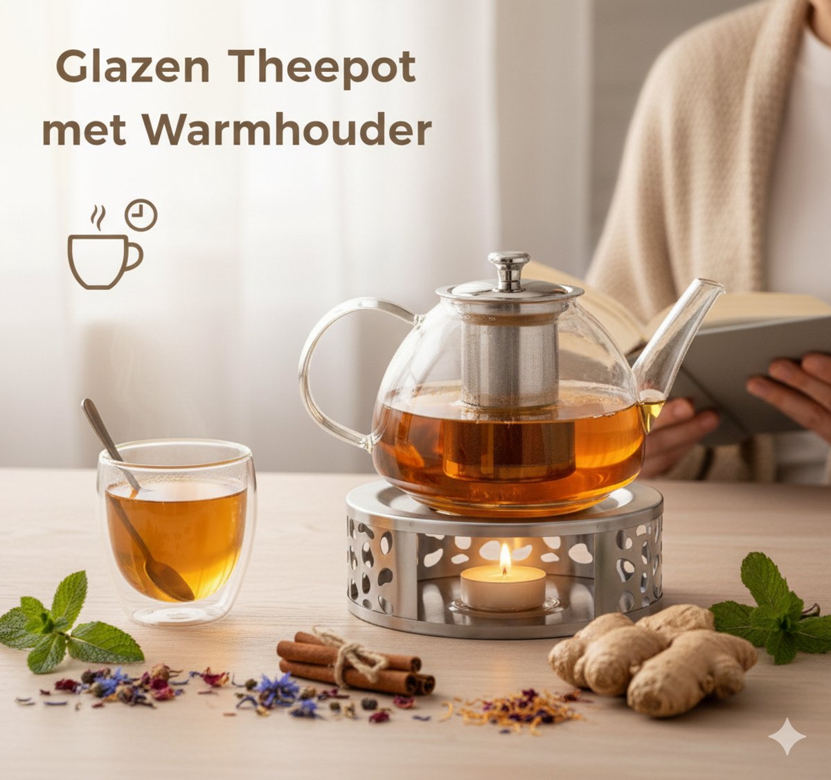 Vaja Glazen Theepot Fay 1 Liter met Filter en Warmhouder - Theepot Glas voor Losse Thee en Theebloemen - Tea Maker - Theelicht houder voor Theekan met Zeef - Infuser - Warmer - Zilver — cadeau in Koken & Dineren - foto 3