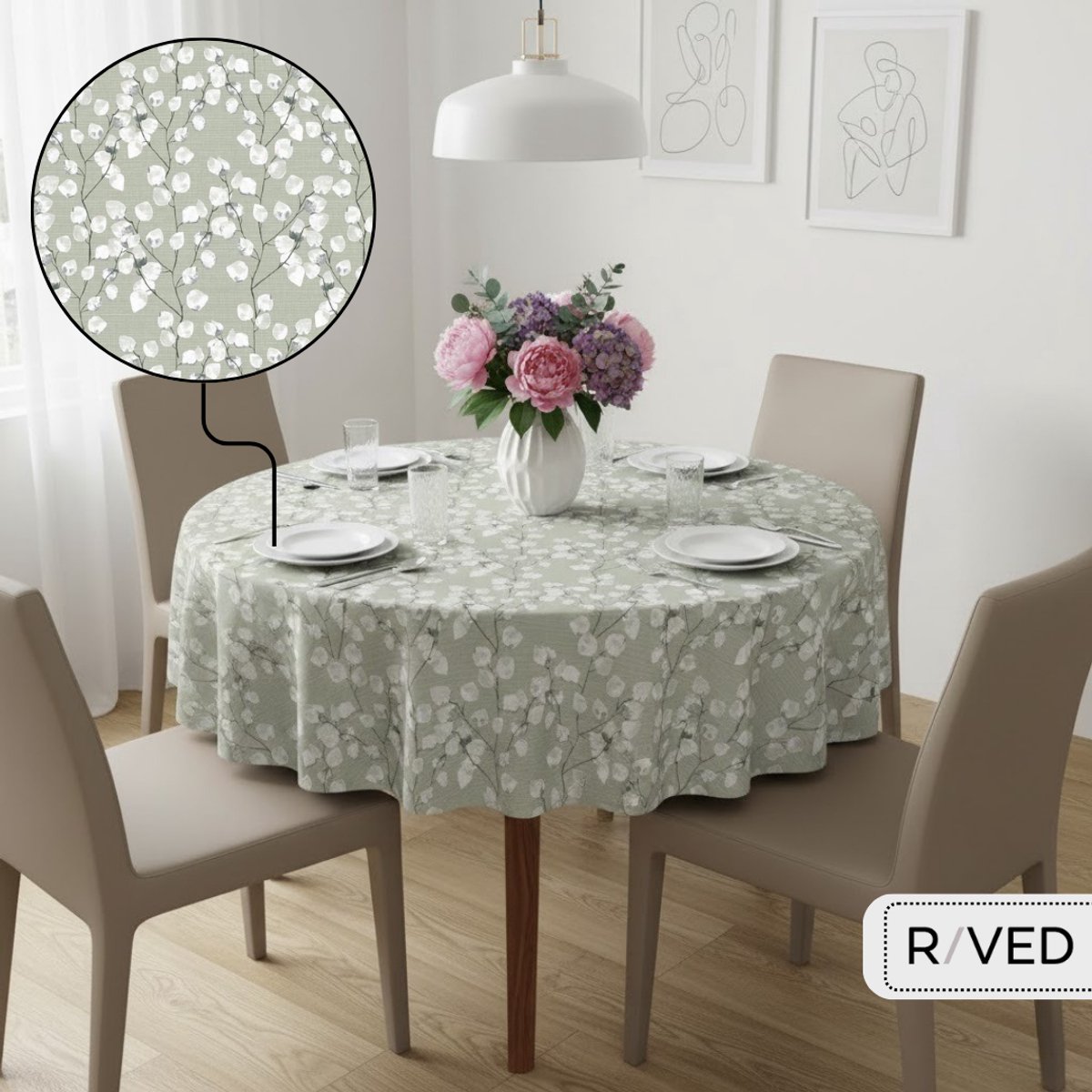 Raved - Rond Tafelzeil Ø 160 cm - Bloemen Groen - PVC Afwasbaar - Binnen Buiten