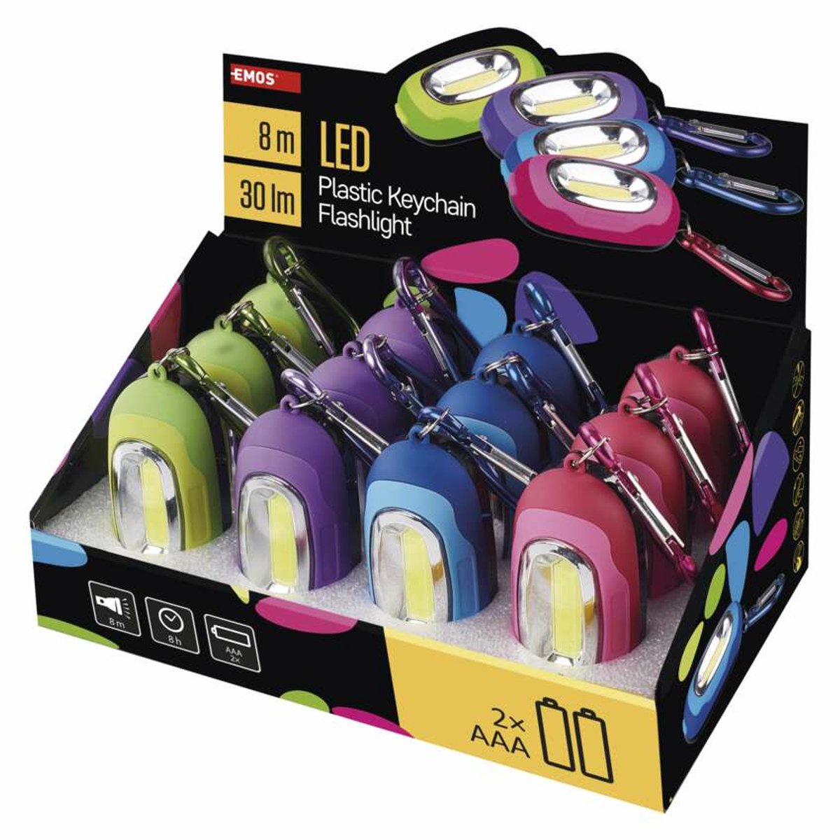 Emos P3887, Zaklamp, Meerkleurig, Acrylonitrielbutadieenstyreen (ABS), Kunststof, Rubber, LED, 30 lm, 8 m