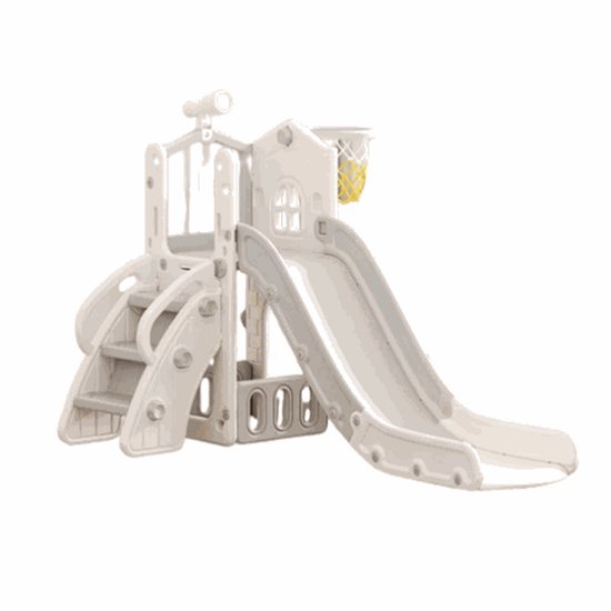 Speeltoestel Toren 3 in 1 Huis Grijs/Wit met glijbaan en basket voor binnen en buiten in de tuin