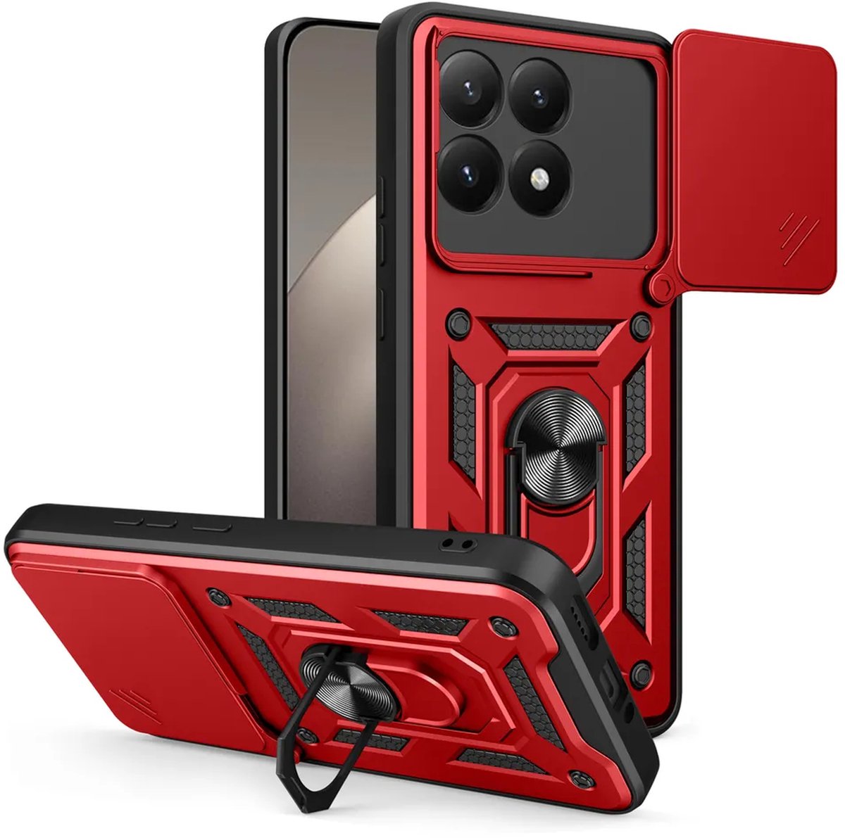 MobyDefend Hoesje - Geschikt voor Xiaomi 15T - Pantsercase Met Draaibare Ring - Rood