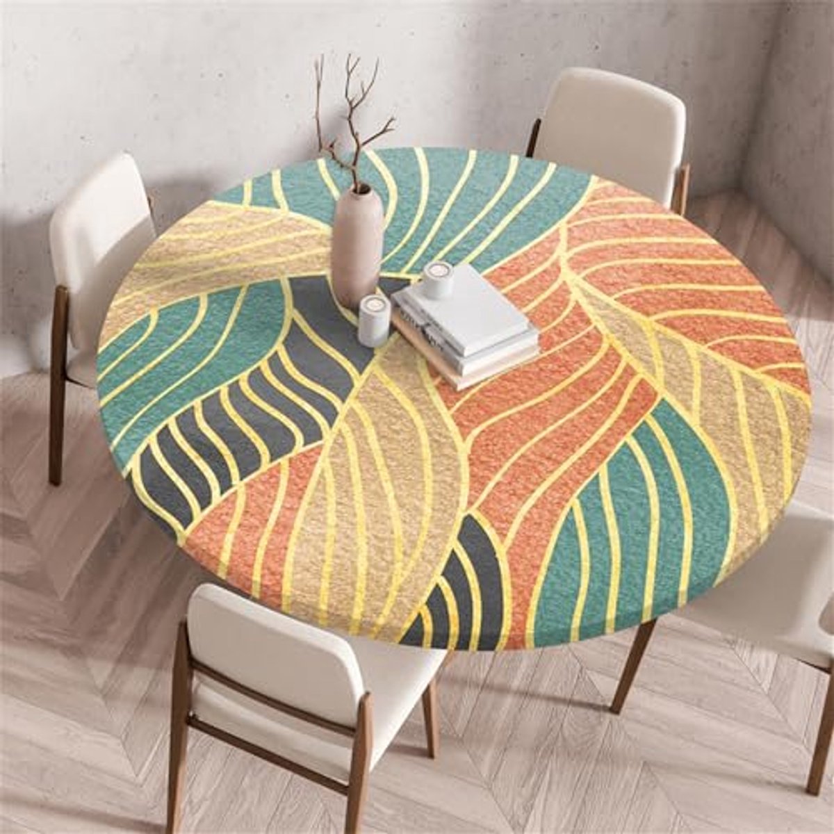Dit ronde, waterdichte tafelkleed voor buiten, met een diameter van 80 cm, heeft elastische randen en is perfect voor feesten en gebruik in de tuin. (Bladmotief)