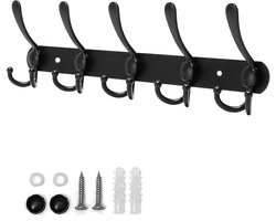 Black Wall Mounted Hook Rack 5 Hooks - Heavy Duty Coat Hooks for Wall Mounted - Coats Towels Bathrobes