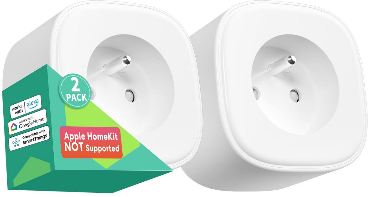 WiFi Sokken Pack van 2, Slimme Type E Stroomdozen met App-Bediening, Stemcommando en Tijdschakelaar, Compatibel met Alexa en Google Home