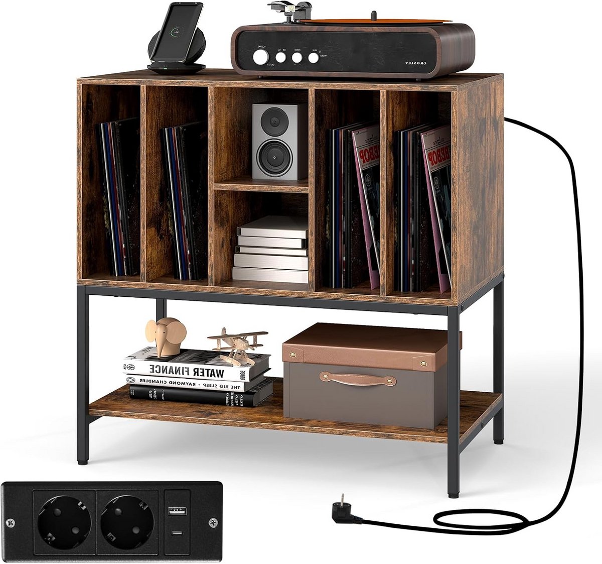 Vinylkast met laadstation - 6 vakken - opbergkast - 80 x 45 x 79,5 cm - industrieel