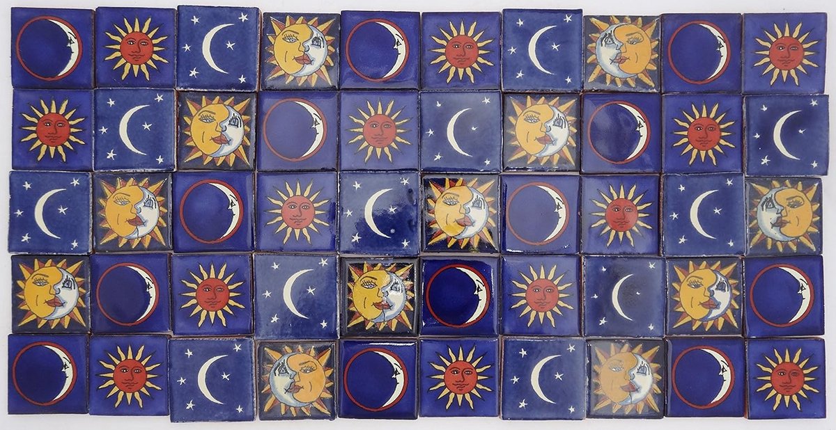 Pack van 50 handgemaakte Talavera tegels 5cm - Mexicaans keramiek met zon en maan motieven - Blauw, Rood, Geel, Oranje, Wit, Zwart