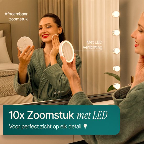 Mirlux Hollywood Spiegel 80x60CM - 2 Bluetooth Speakers - USB & USB-C Oplaadpoorten - LED Verlichting - Make Up Spiegels - 10x Zoom - Zwart
