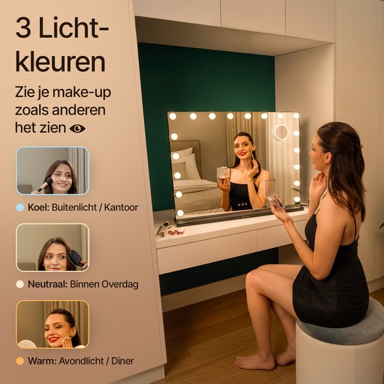 Mirlux Hollywood Spiegel 80x60CM - 2 Bluetooth Speakers - USB & USB-C Oplaadpoorten - LED Verlichting - Make Up Spiegels - 10x Zoom - Zwart