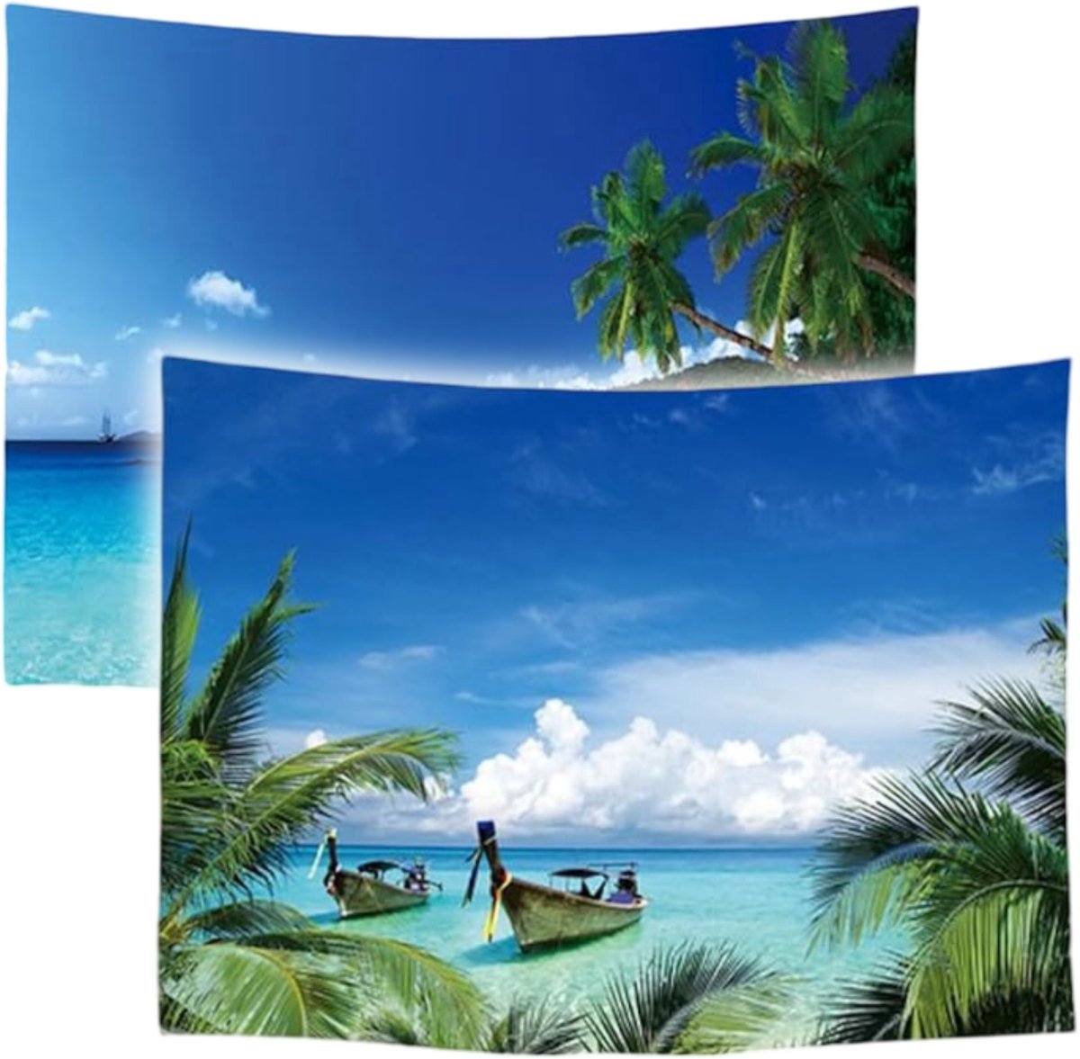 Ulticool – Wandkleed - Strand Zee Palmboom Zomer - Set van 2 designs – 73 cm x 95 cm – Schilderij Wandtapijt Stof – Poster Art – Blauw