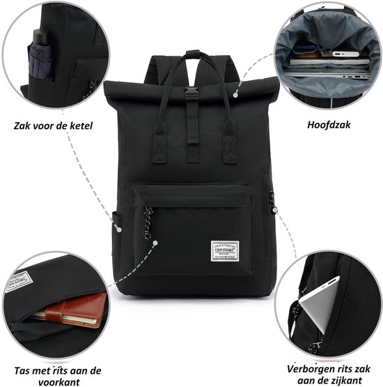 TANTOMI Rugzak voor dames, grote schoolrugzak voor heren, groot meervak met 15,6 inch laptopvak, uniseks roltop rugzak voor dagelijks gebruik, Zwart.d, 45 x 30 x 11.5 cm TANTOMI Rugzak voor dames, grote schoolrugzak voor heren, groot meervak met 15,6 inch laptopvak, uniseks roltop rugzak voor dagelijks gebruik, Zwart.d, 45 x 30 x 11.5 cm
