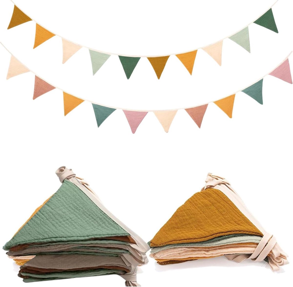 Ronte - Vlaggetjesslingers set van 2 stuks voor kinderkamer - Stoffen wimpelketting van mousseline katoen - Kleurrijke decoratie - Kinderslinger met stoffen vlaggetjes