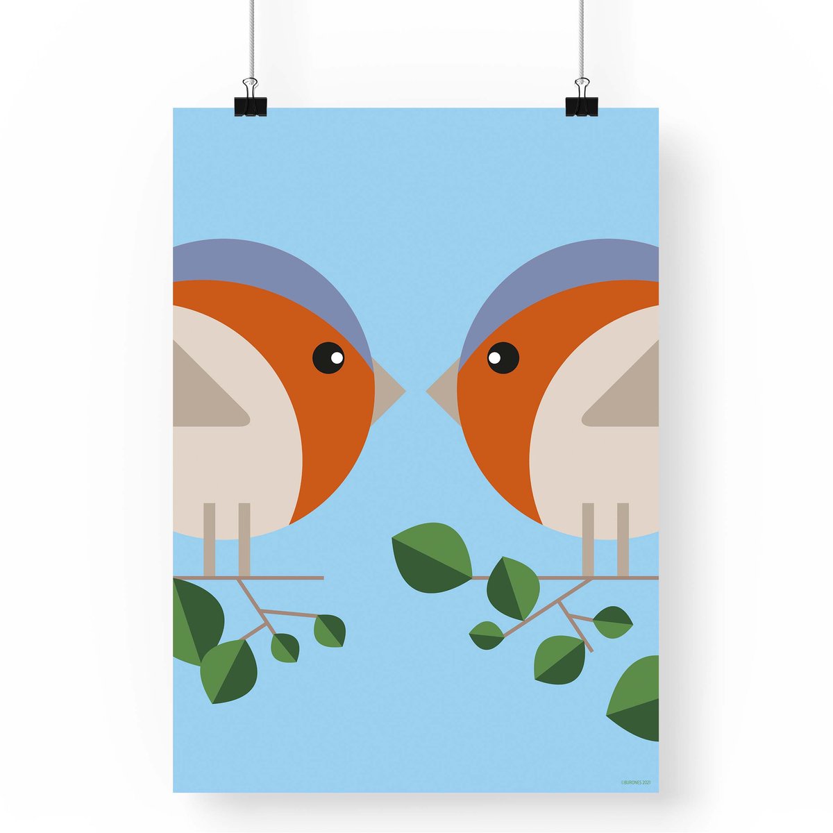Artprint Roodborstjes - Vogel illustratie in A4 formaat - Poster abstracte minimalistische roodborstjes - Nederlandse Tuinvogel