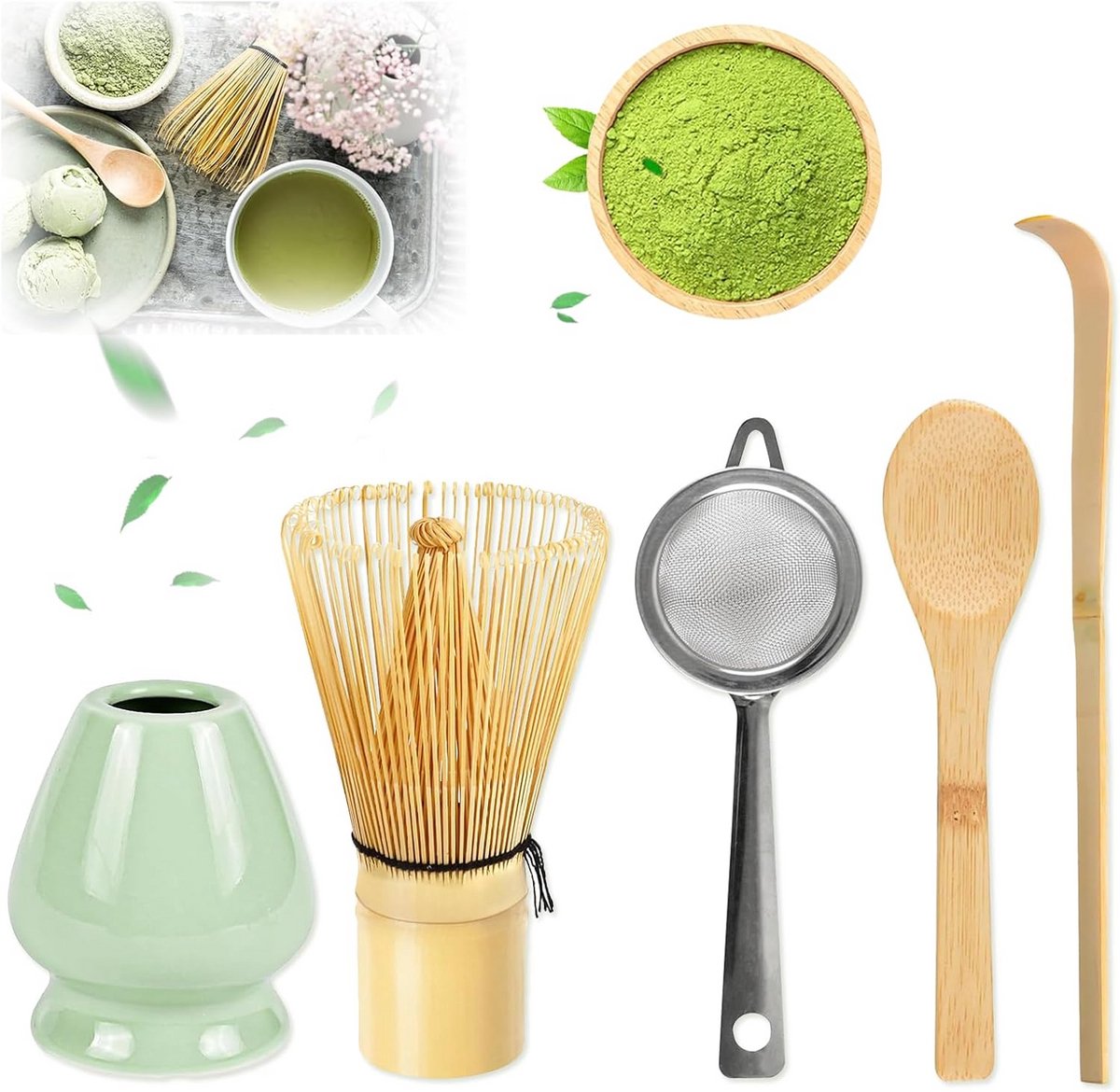 Matcha Set 5-delig - Bamboo Wisk, Theelepels, Zeef en Houder