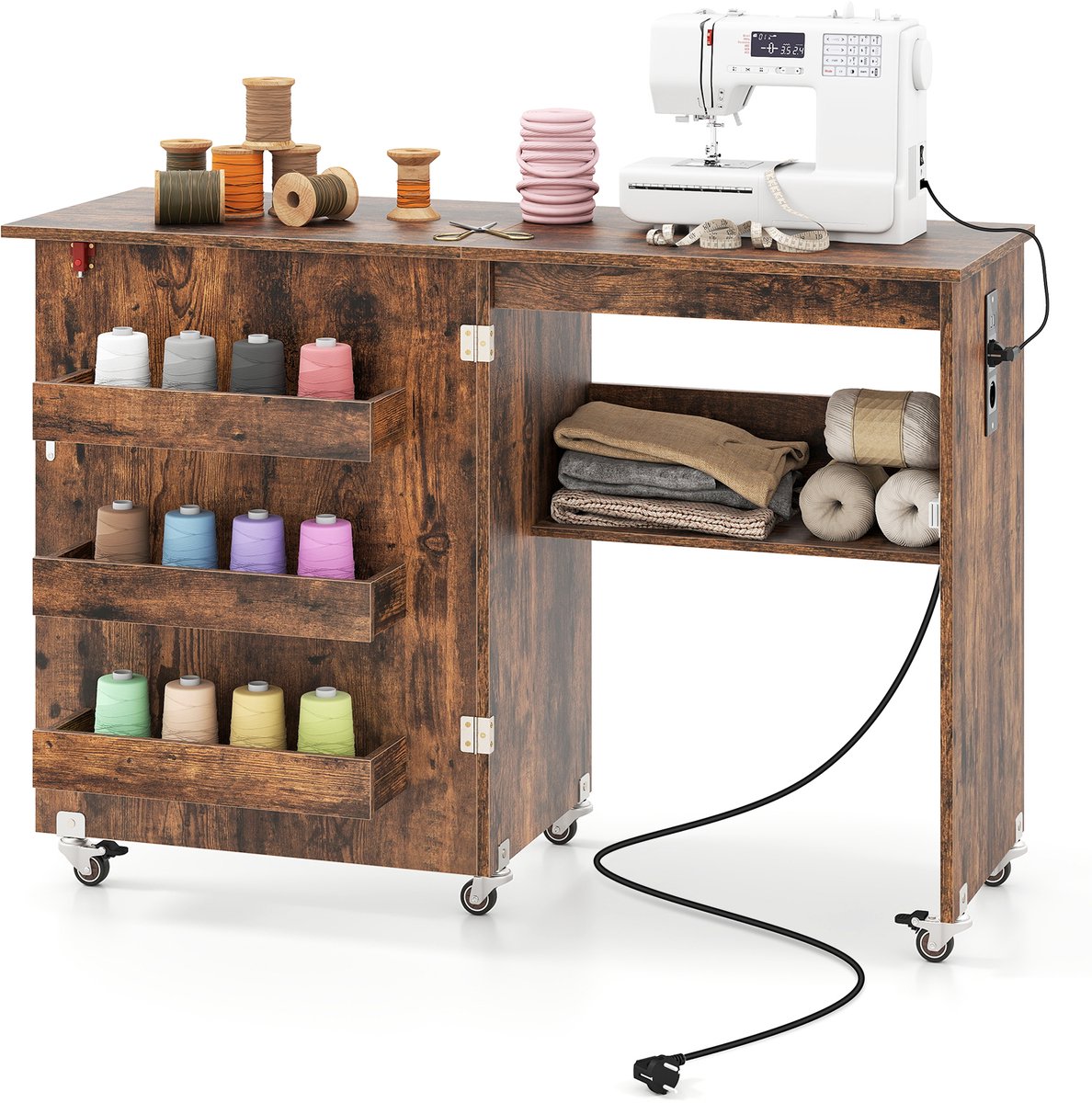 Costway 2-in-1 naaitafel, inklapbaar met laadstation, houten naaimachinekast met planken, naaimachinekast met afsluitbare wielen, naaimachinetafel, knutseltafel voor woonkamer, slaapkamer (bruin)