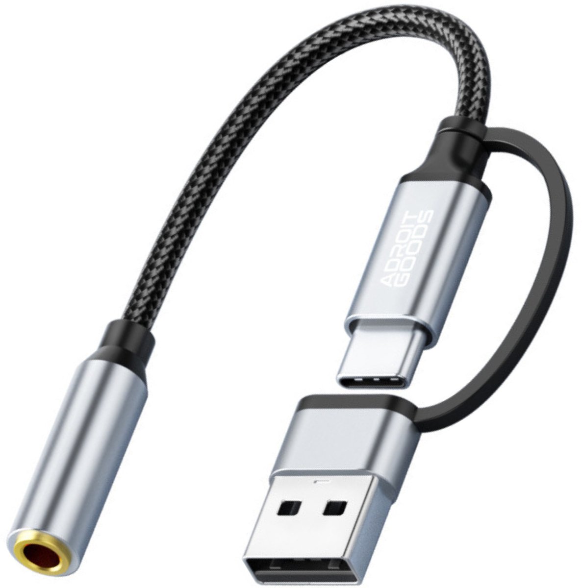 AdroitGoods USB + Type-C naar 3.5mm Audio Adapter – Premium Duo-Interface Geluidsomvormer voor Headsets, Speakers en Smart Devices, Compatibel met 3.5mm Standaard Audio