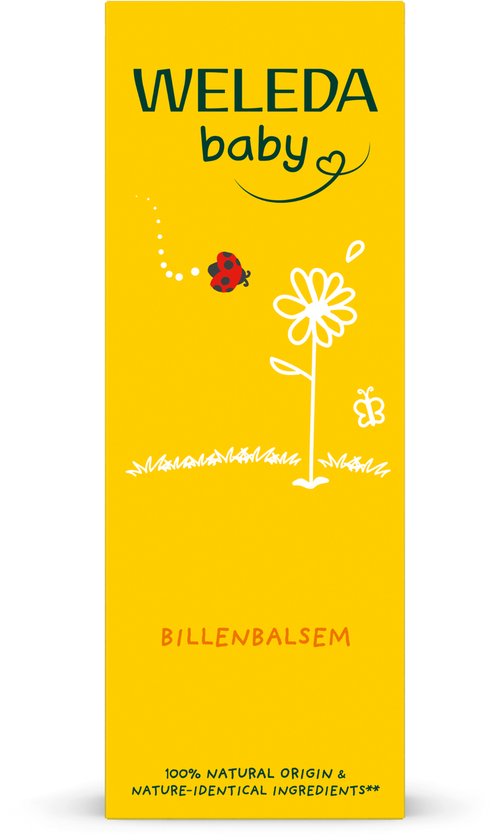 Weleda baby billenbalsem. Gele doos met tekening van gras, bloem, lieveheersbeestje en vlinder.