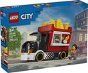 LEGO City snackbartruck verpakking. Rode truck met gouden frietjes, twee poppetjes op de voorgrond.