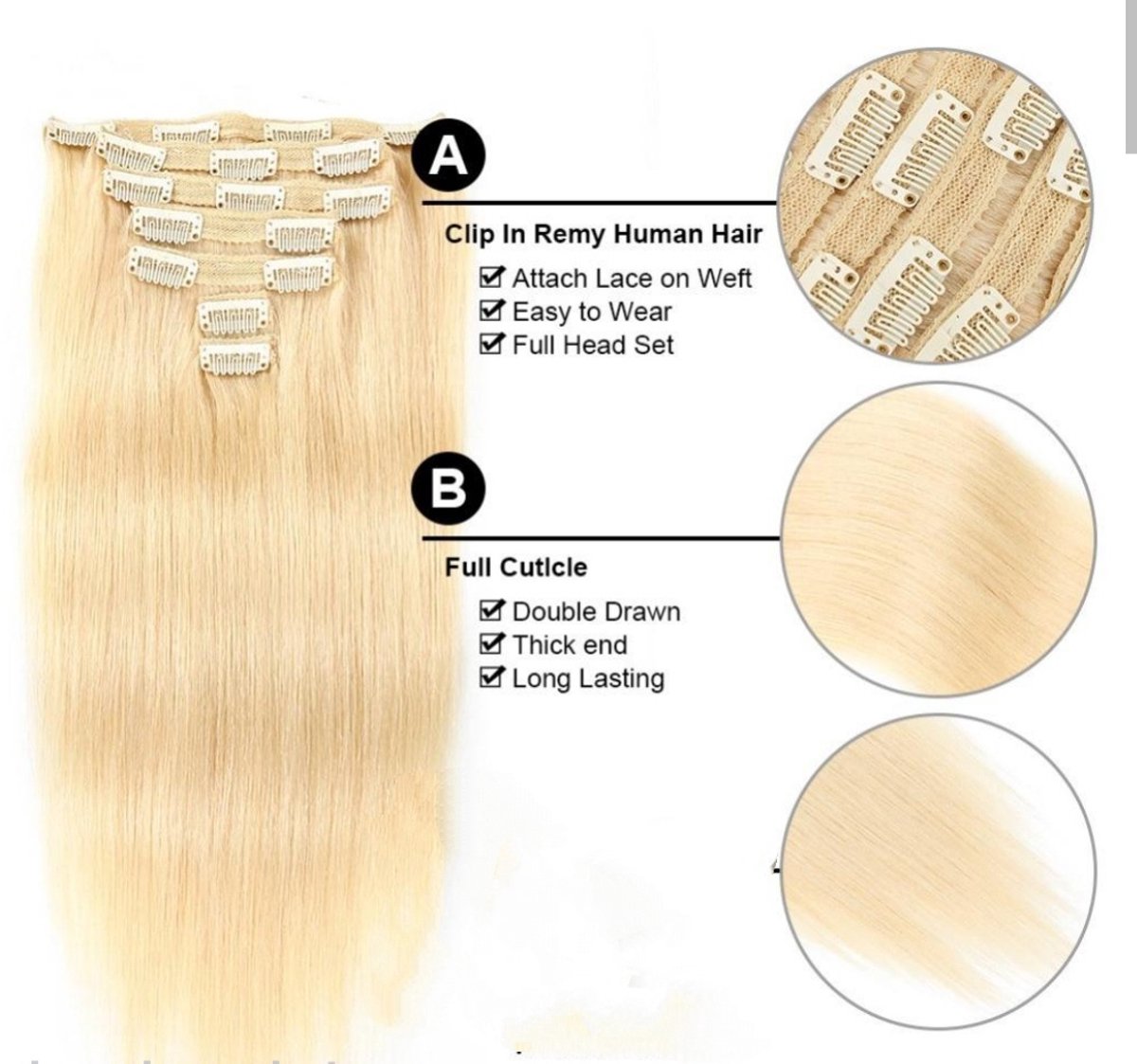Clip-in hair extensions - 100% echt mensenhaar - 7 stuks - kleur 613# naturel blond - 30 cm - 100gr - herbruikbaar
