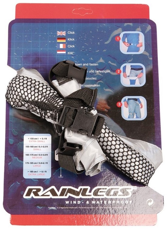 Verpakking met opgerolde zwarte Rainlegs, met instructies en maattabel.