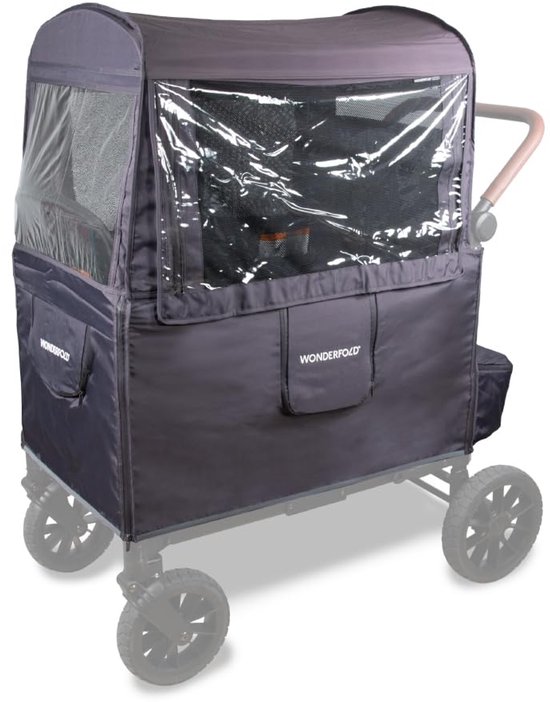 Grijze regenkap voor kinderwagen, detail van vakken en ramen.