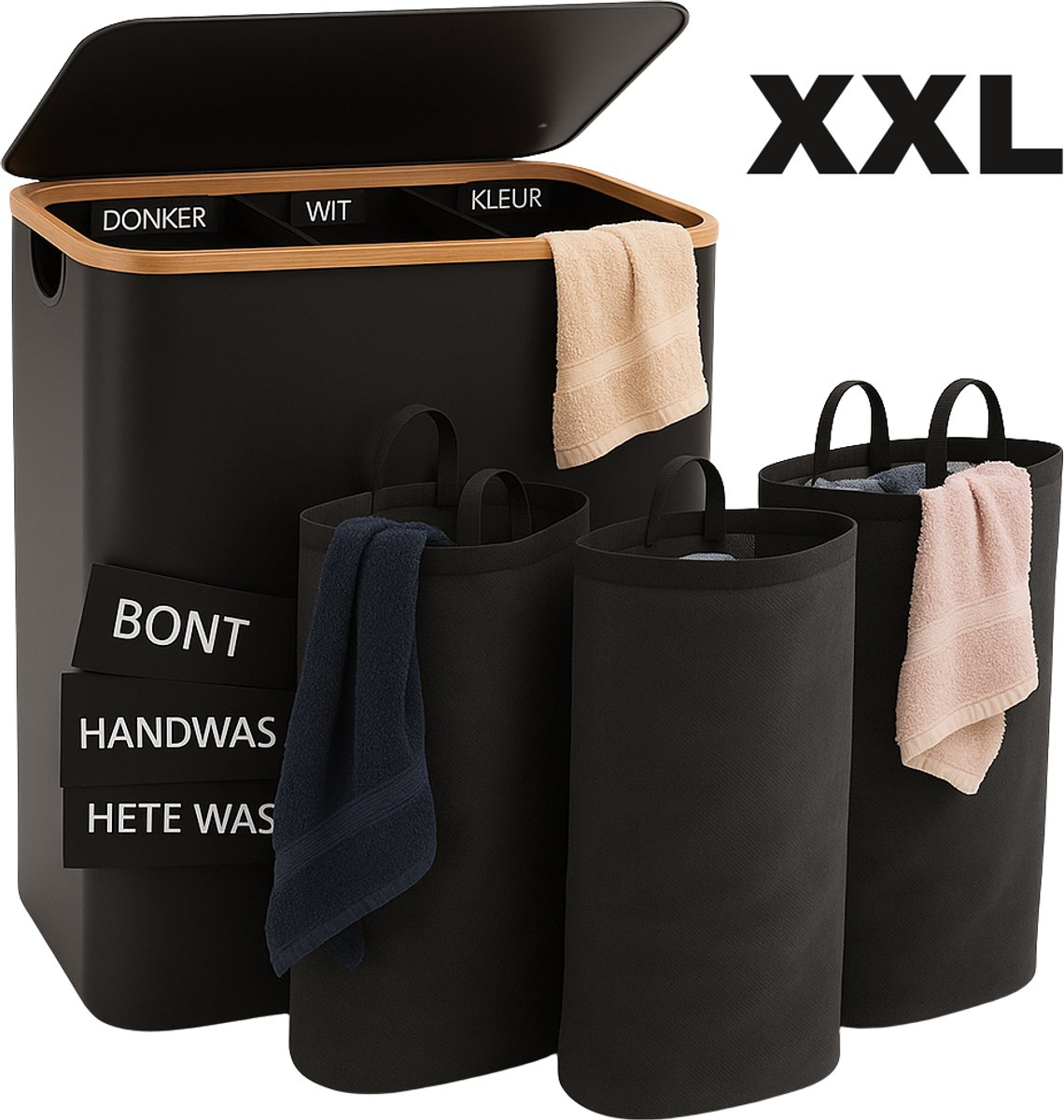 Wasmand 3 Vakken - Wassorteerder 145L - Zwart - Uitneembare Zakken met Labels