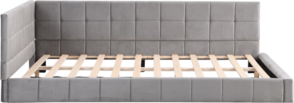 Wishdor Slaapbank Bed 140x200 Cm - Gestoffeerd - Met Lattenbodem - Mid-Century Modern - Grijs