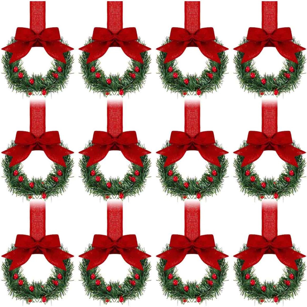 QTTVBTNA - 12 Stuks Mini Kerstkransjes - Keuken Decoratie met Lint - Klassieke Boerenstijl Kransjes voor Kast en Raam - Feestelijke Kerst Accessoires voor Sinterklaas en Kerstmis - Rode
