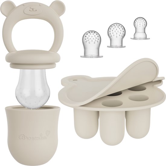 Grignoteuse Bébé + 3 tétines et moule à glaçons - Boîtes de conservation pour purées de bébé - Sucette 100 % silicone beige - Tétine à fruits avec anneau de dentition - Broemba®