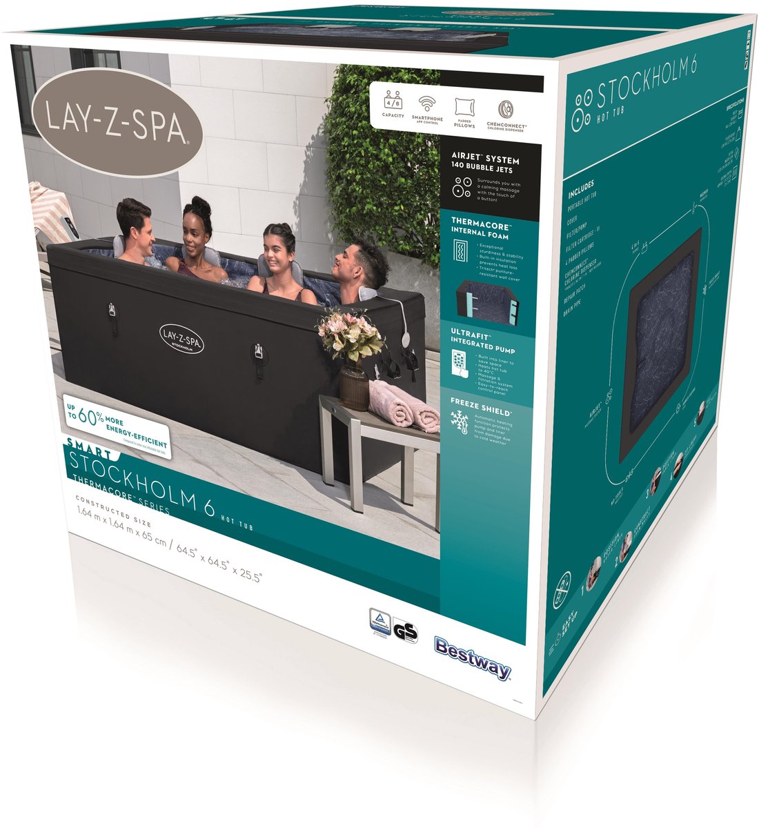 Lay-Z-Spa Stockholm ThermaCore UltraFit Smart AirJet - 6 personen - 164 x 164 x 65 cm
